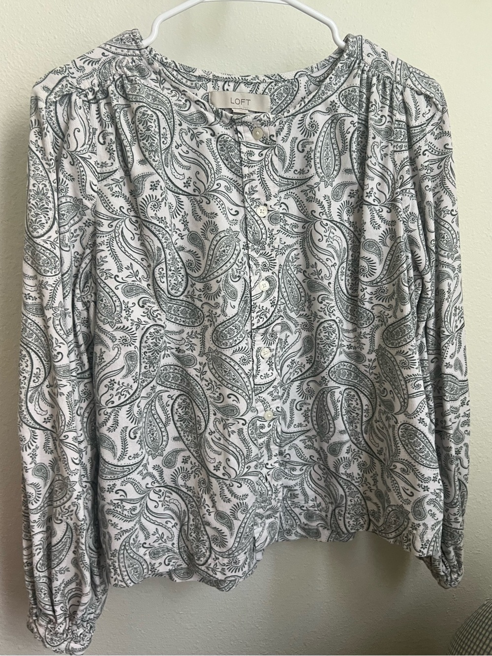 LOFT White and Gray Paisley Corduroy Button-Down Blouse